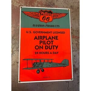 VINTAGE PORCELAIN SIGN - PHILLIPS 66 - "AIRLINE PILOT ON DUTY" - AVIATION FANS